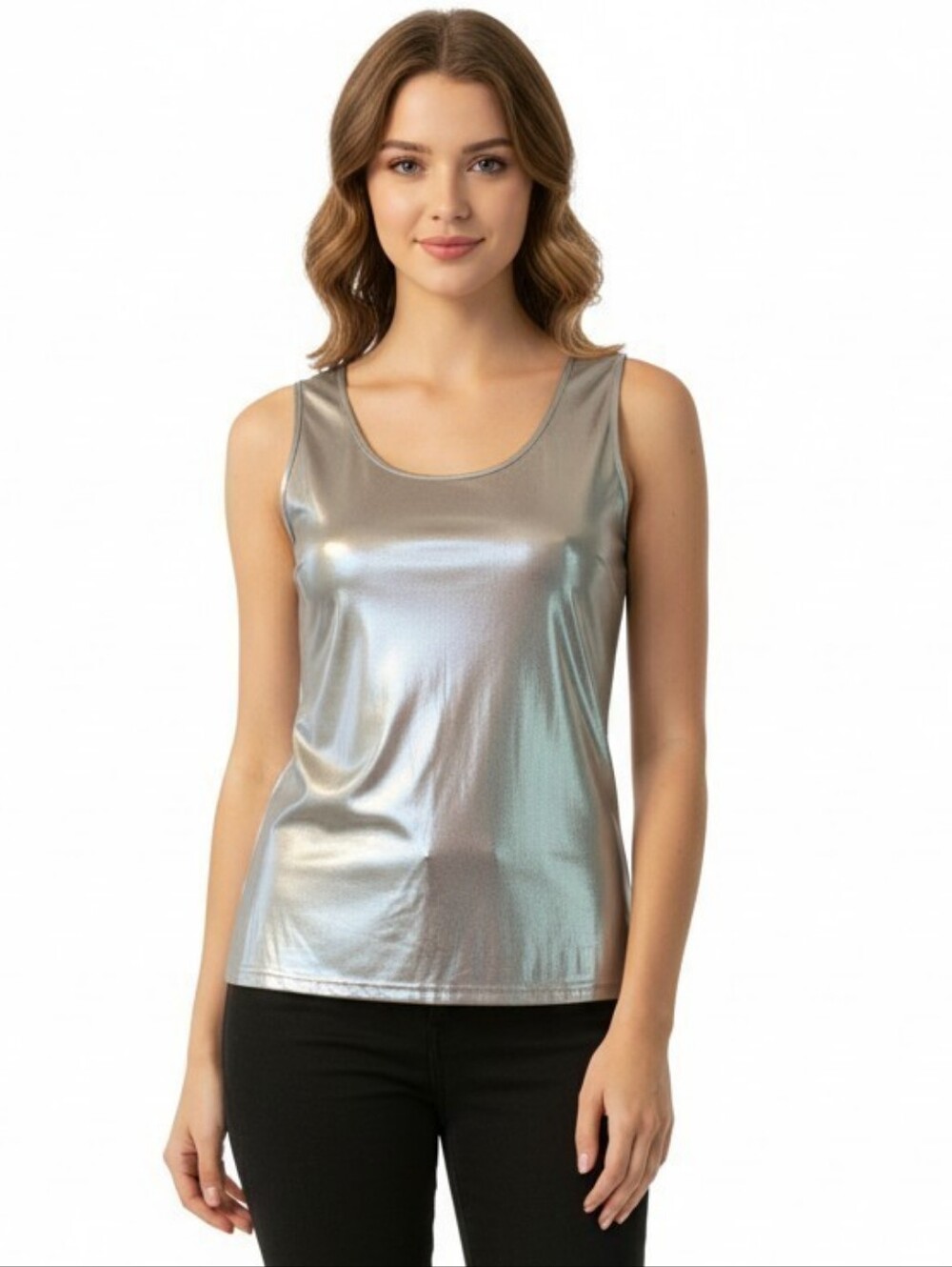 Allegra K Metallic Silver Scoop Neck Tank Size Large